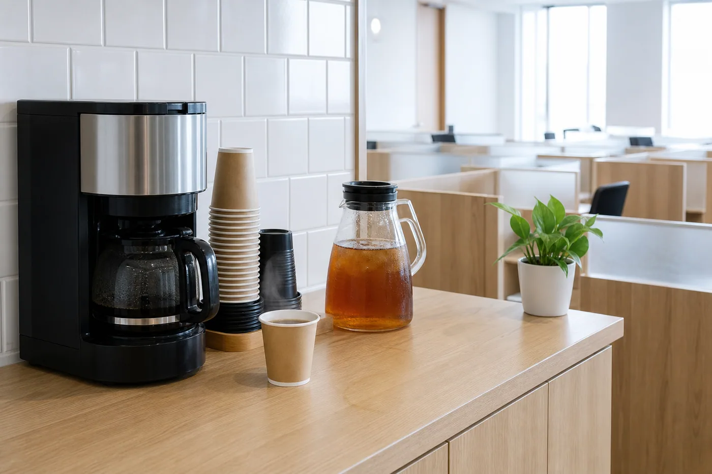 コーヒーマシンと烏龍茶が並ぶドリンクカウンター