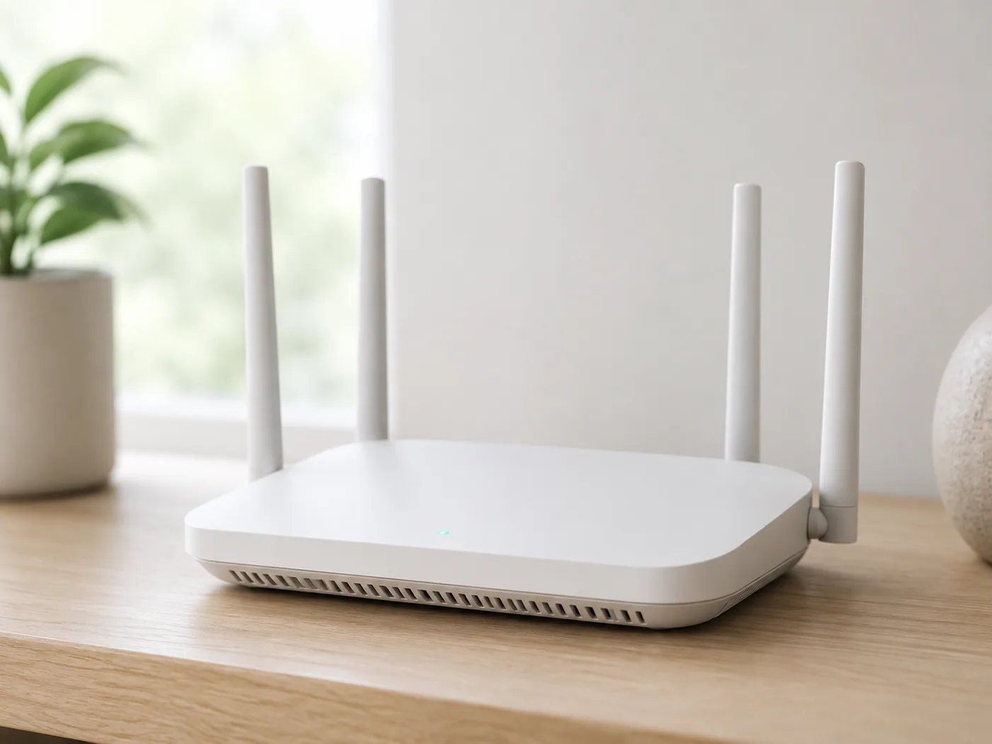 窓辺の木製カウンターに置かれた無線ルーター